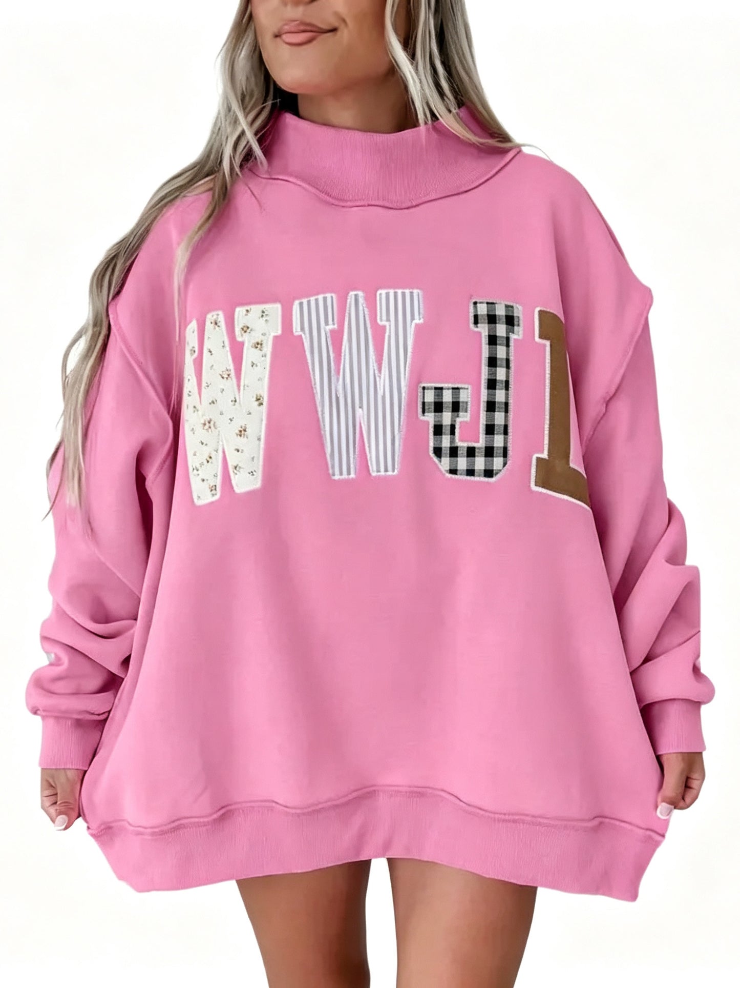 Women Mock Neck Applique Letter Pullover Sweatshirt