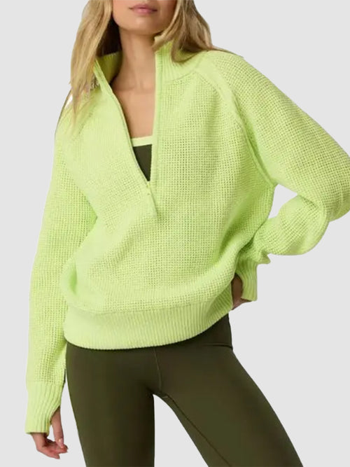 Women Quarter‑Zip Collared Waffle Texture Loose Long Sleeve Sweater