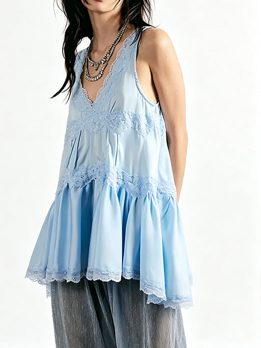 Women Deep V‑Neck Lace Sleeveless Ruffle Hem Dress