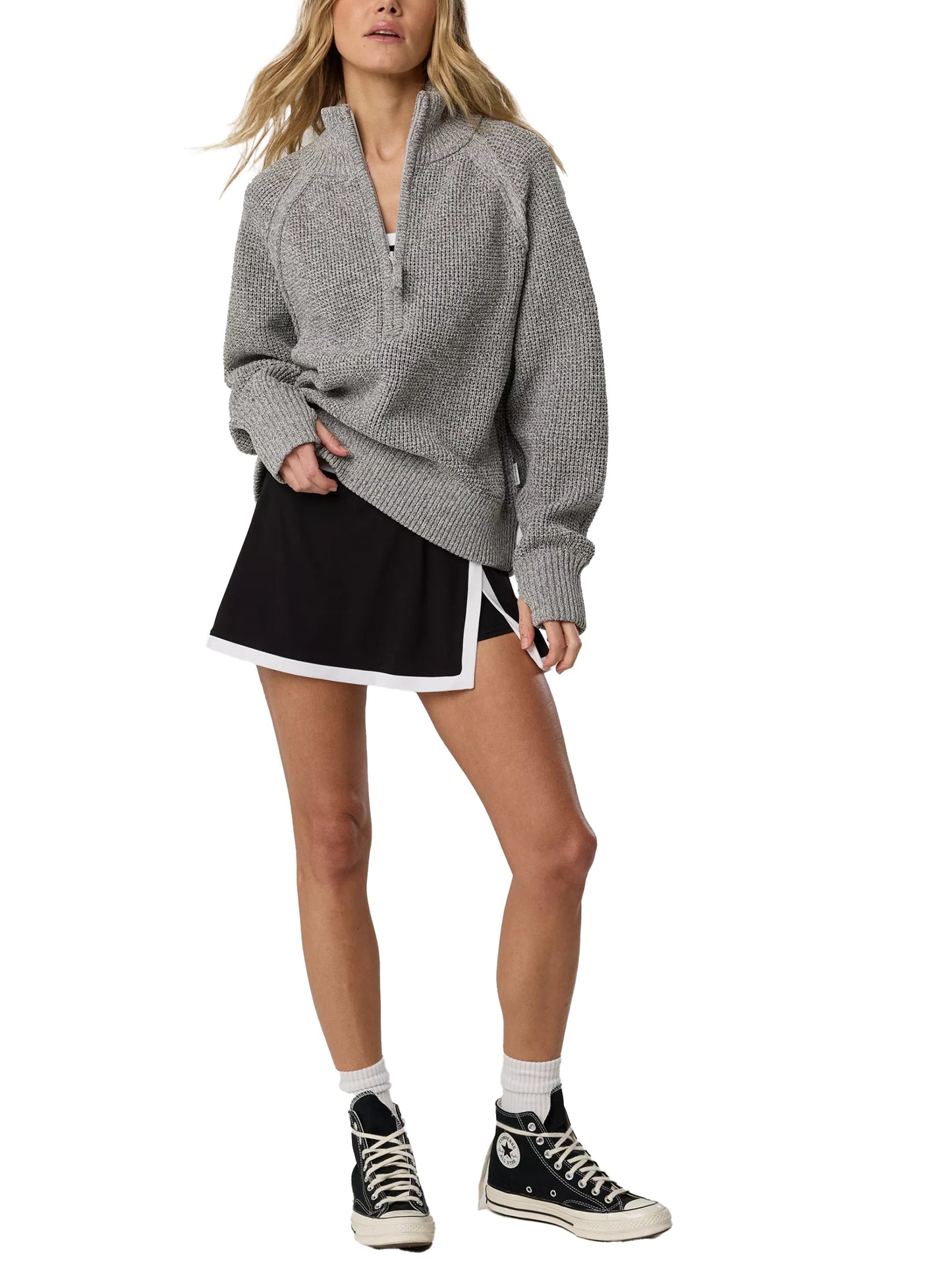 Women Quarter‑Zip Collared Waffle Texture Loose Long Sleeve Sweater