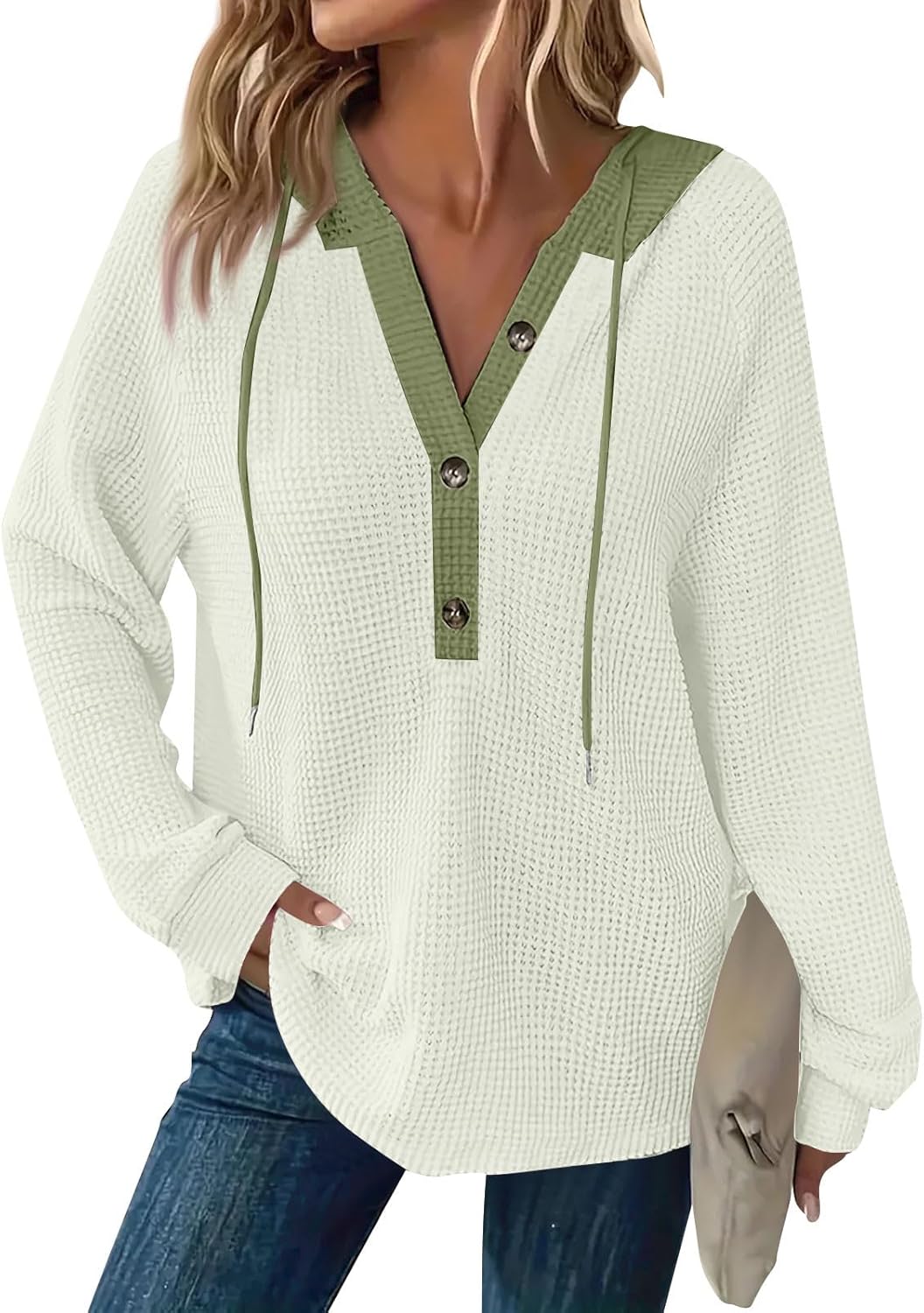 Women's Waffle Knit Drawstring Button Long Sleeve Hoodie