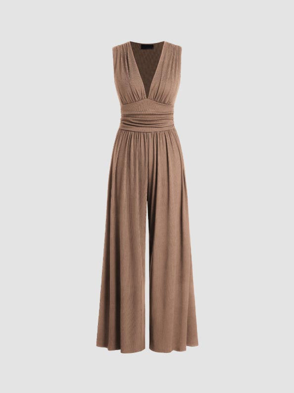 V-neck Ruched Solid Wide Leg Jumpsuit