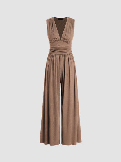 V-neck Ruched Solid Wide Leg Jumpsuit