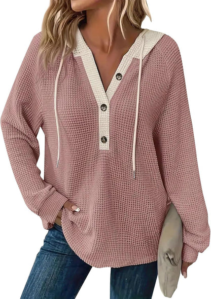 Women's Waffle Knit Drawstring Button Long Sleeve Hoodie