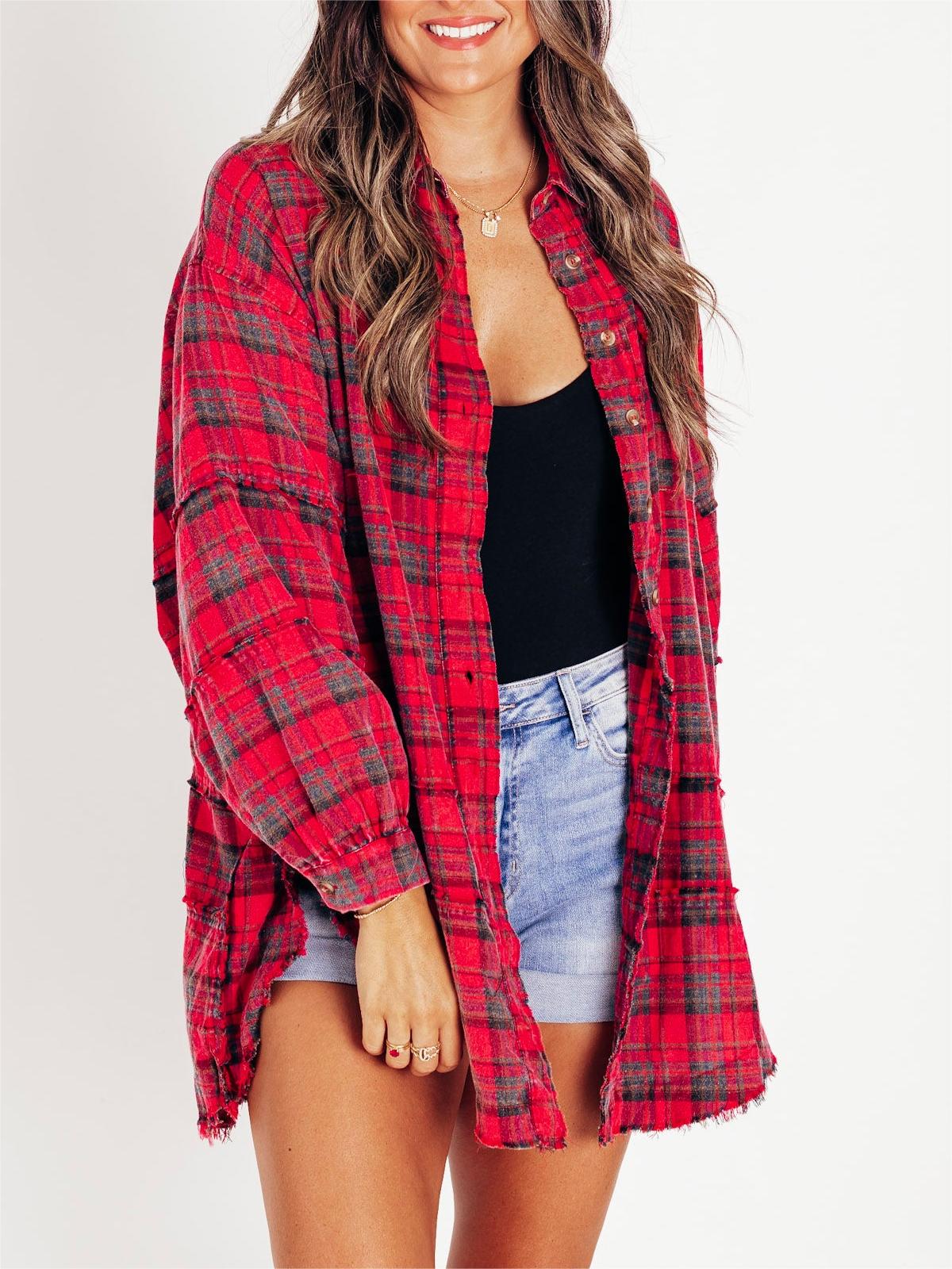 2024 Women's Mineral Washed Button Down Plaid Shirt with Pockets (Buy 2 Free Shipping)