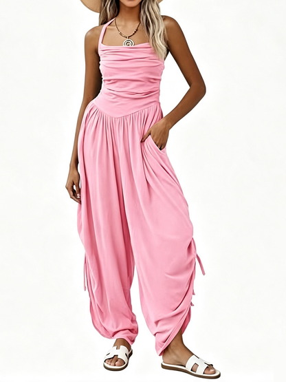 Women Halter Square Neck Sleeveless Ruched Barrel Wide Leg Side Cinch Jumpsuit