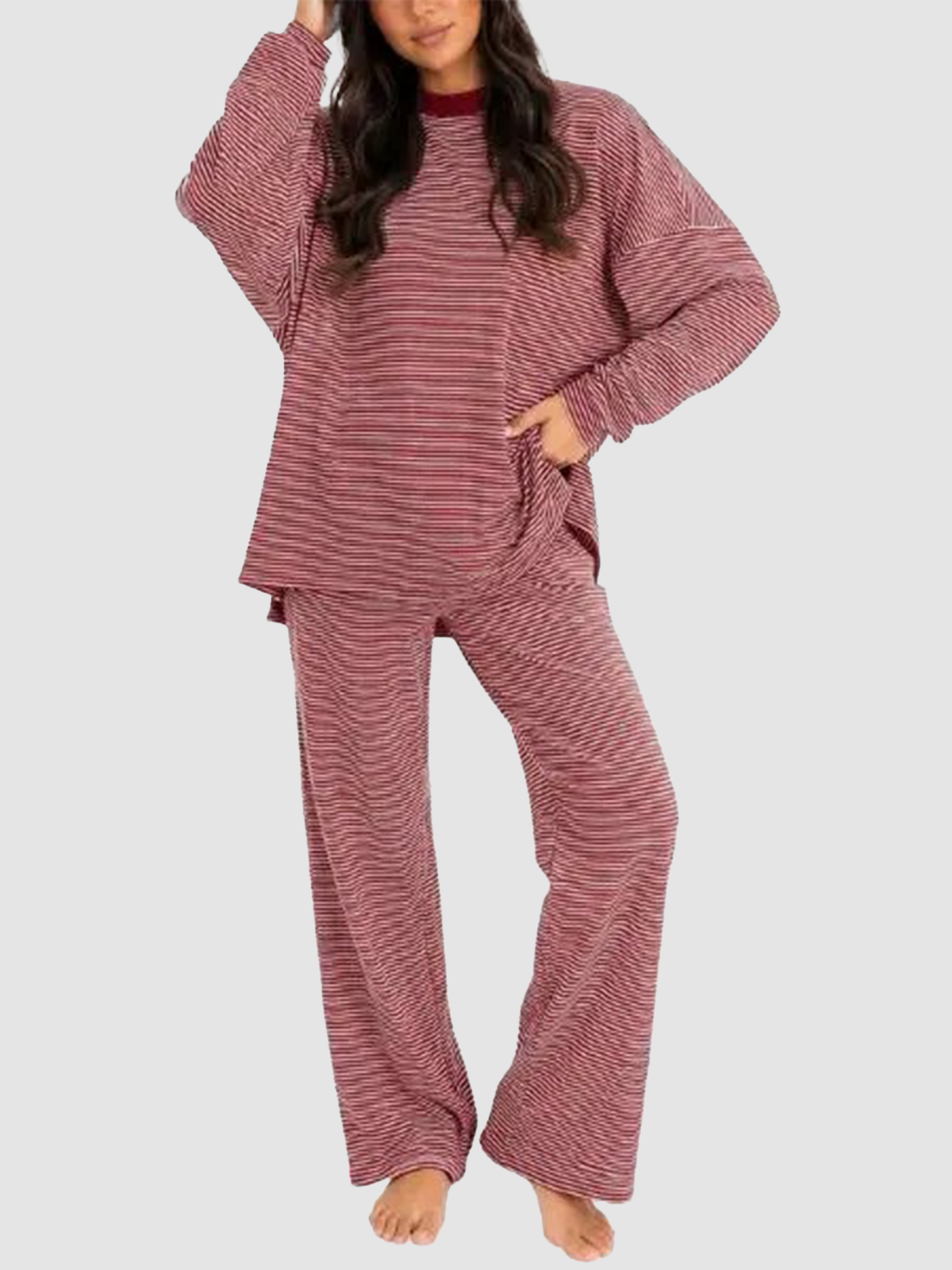 Striped Crew Neck Split Hem Top & Pants Two Piece Set