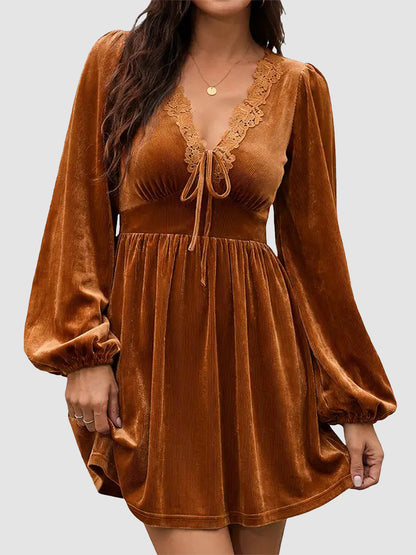 Women Boho Lace V‑Neck Tie Front Lantern Sleeve Mini Dress With Pockets