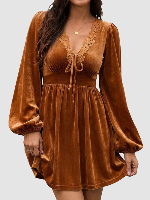 Women Boho Lace V‑Neck Tie Front Lantern Sleeve Mini Dress With Pockets