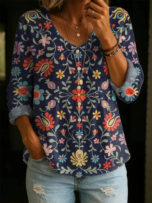 Women's Floral Print V-Neck Linen Cotton Shirt