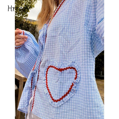 ⏰Hot Sale-Women Long Sleeve Shirts Heart Embroidery Plaid Front Bowknot Tie-Up Blouses