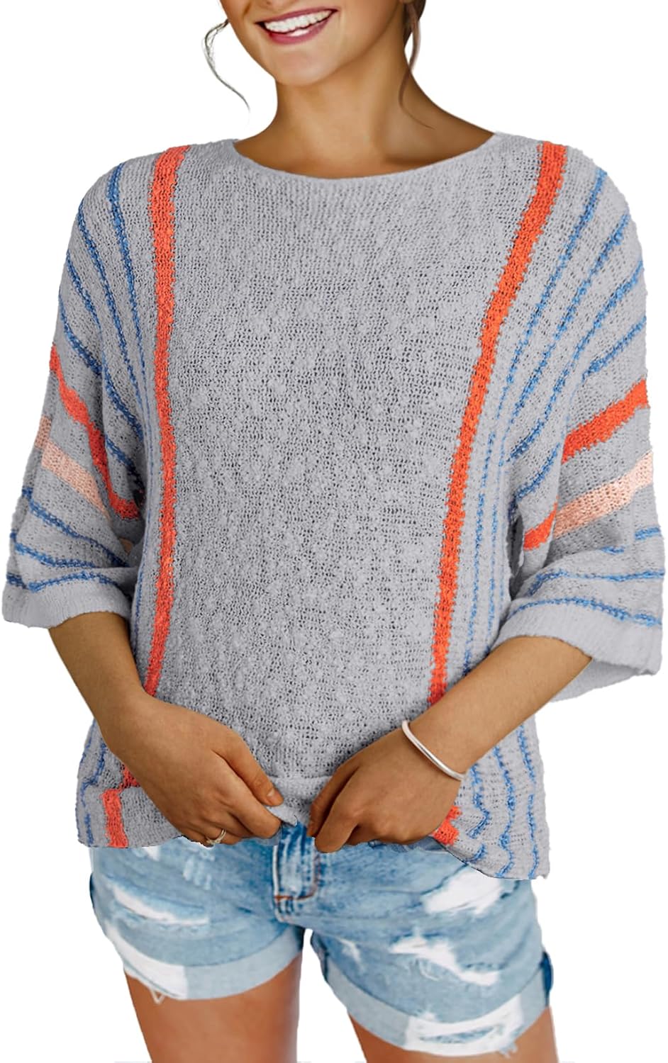 ✨Hot Sale-Women's Casual Color Block Striped Cable Knit Boho Sweater