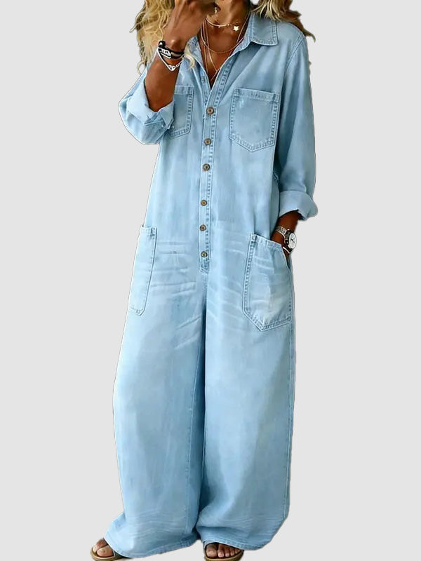 Hot Sale-Women Retro Collared Long Sleeve Denim Jumpsuit
