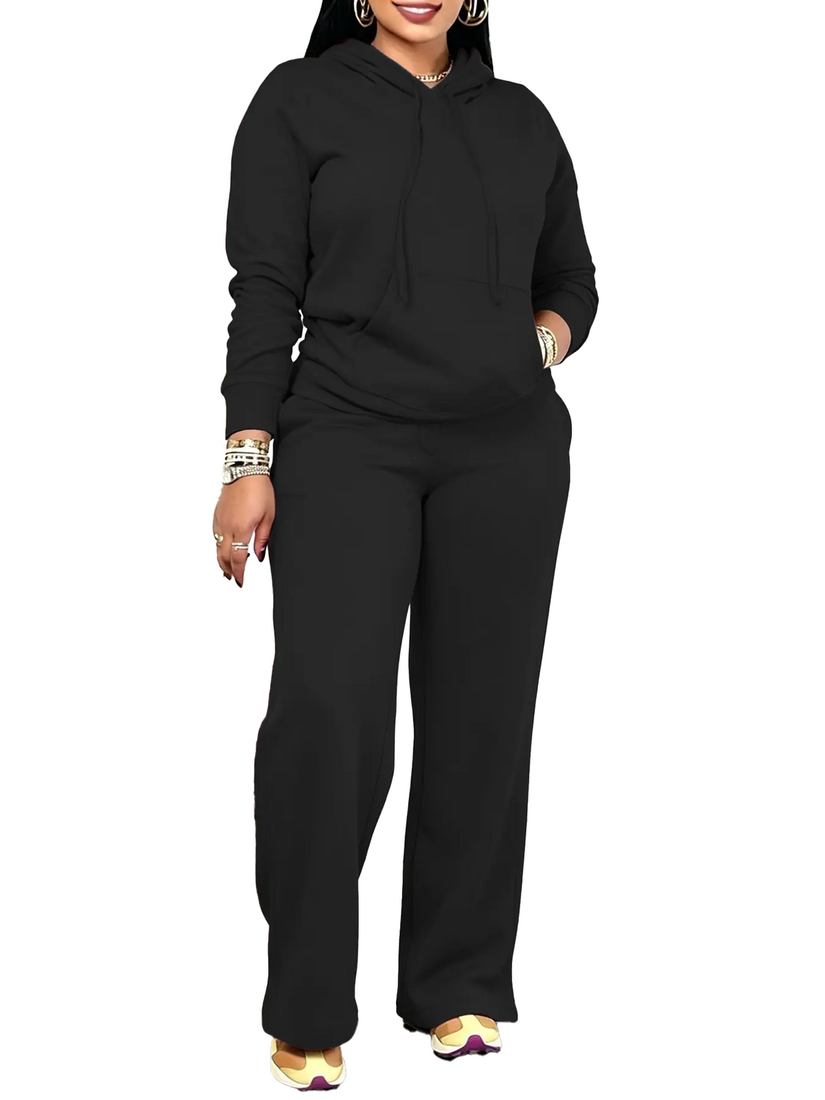 Women Solid Hooded Two Piece Outfit With Pockets