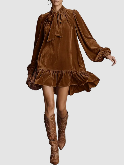Women Tie Neck Long Sleeve A-Line Babydoll Mini Dress Ruffle Hem