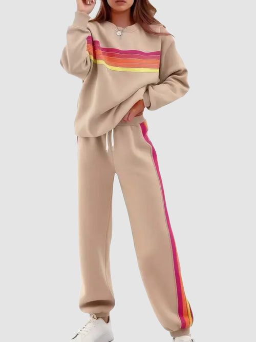 Women Retro Rainbow Stripe 2‑Piece Sweat Loungewear Set