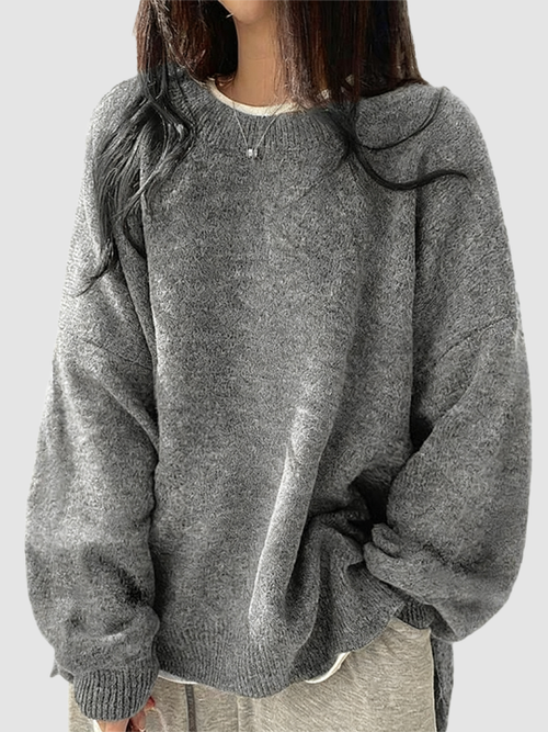 Oversized Round‑Neck Knit Sweater & Loose Split‑Hem Drop‑Shoulder Top