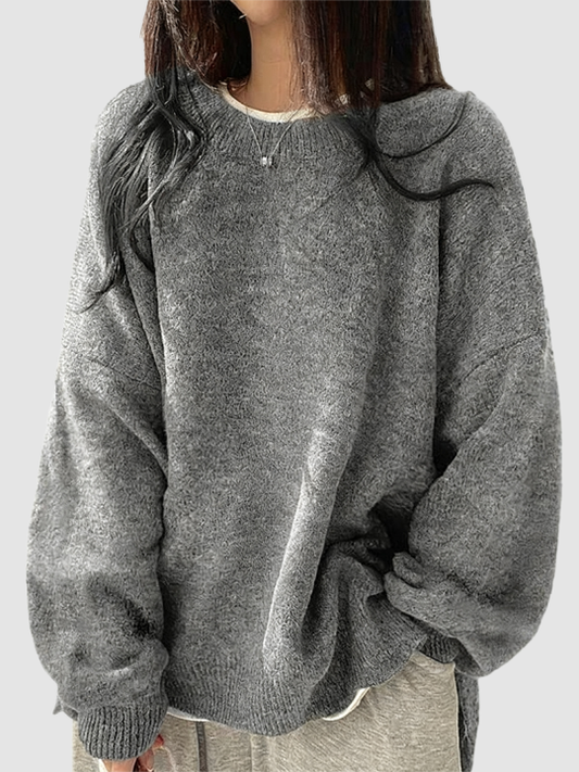 Oversized Round‑Neck Knit Sweater & Loose Split‑Hem Drop‑Shoulder Top