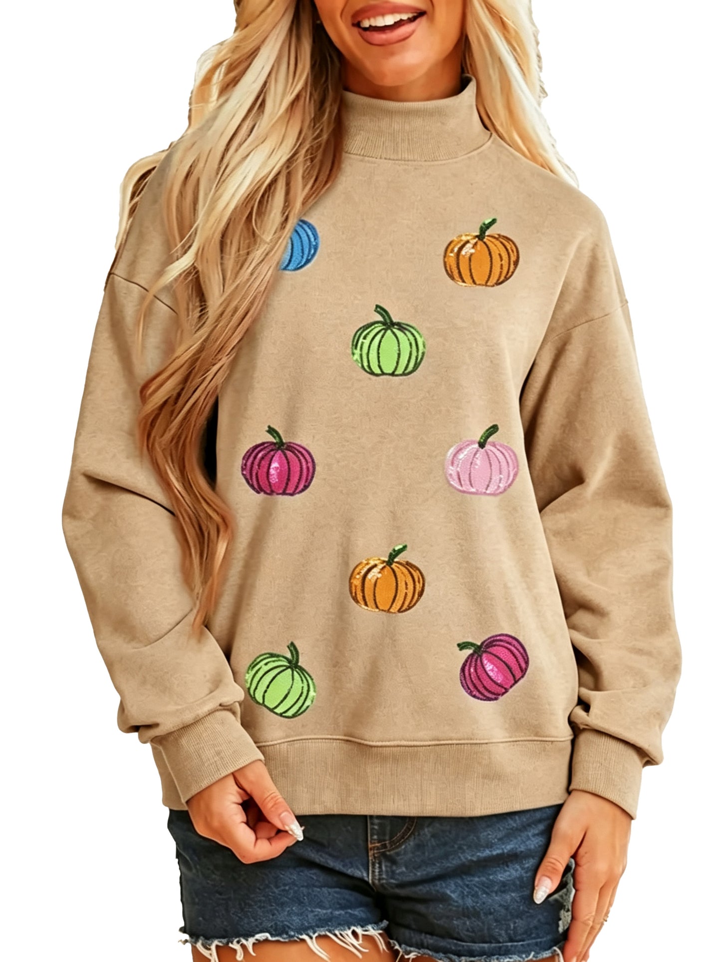 Women Sequin Pumpkin Pattern Mock Neck Sweatshirt Casual Pullover Tops