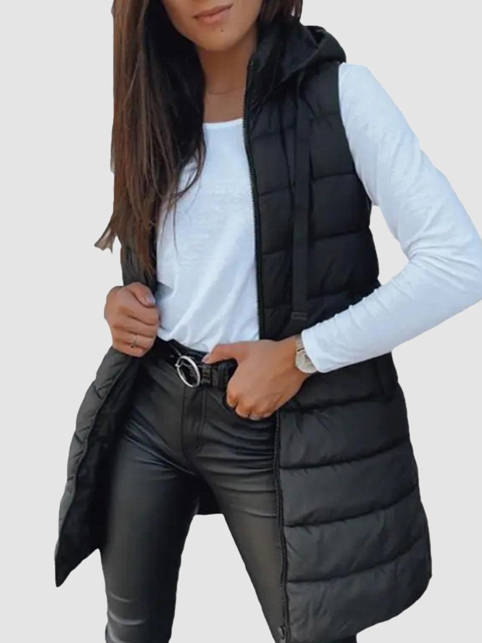 Women Solid Long Hooded Puffer Vest Side Slit Outerwear With Pockets