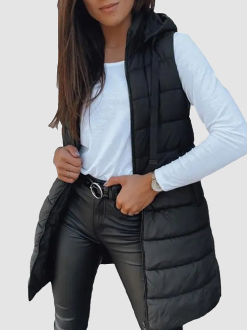 Women Solid Long Hooded Puffer Vest Side Slit Outerwear With Pockets