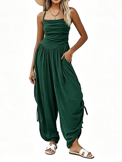 Women Halter Square Neck Sleeveless Ruched Barrel Wide Leg Side Cinch Jumpsuit