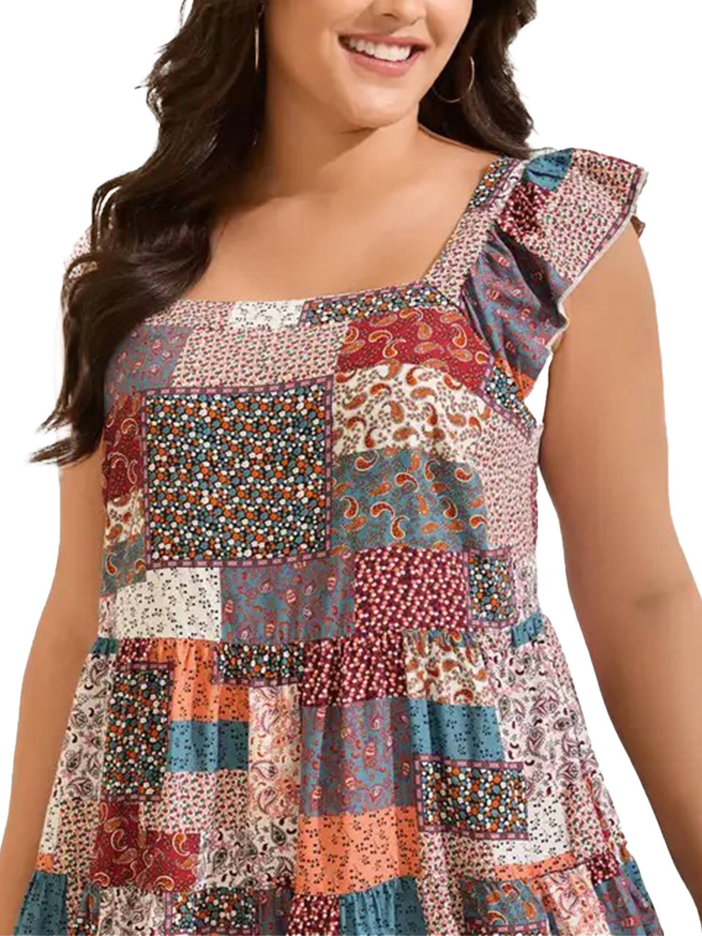 Women Plus Size Square Neck Sleeveless Floral Plaid Patchwork Boho Tunic Tank Top
