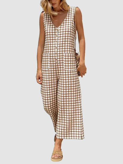 Women Sleeveless V-Neck Plaid Button Front Loose Wide Leg Jumpsuit