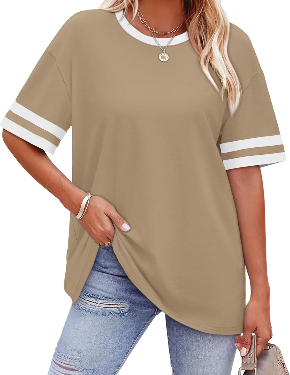 ✨ Women's Oversized Crew Neck Colorblock Striped Sleeve T-shirt