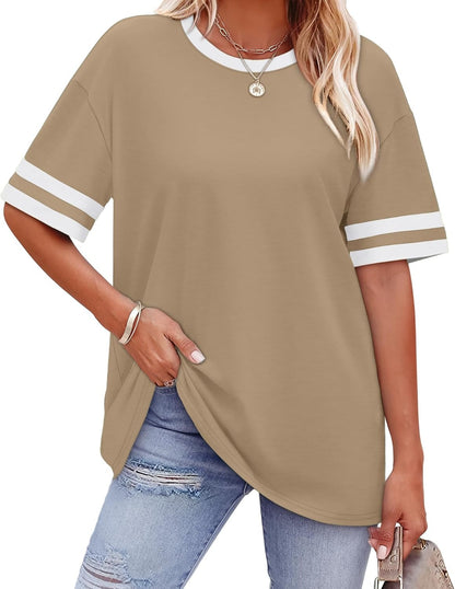 ✨ Women's Oversized Crew Neck Colorblock Striped Sleeve T-shirt