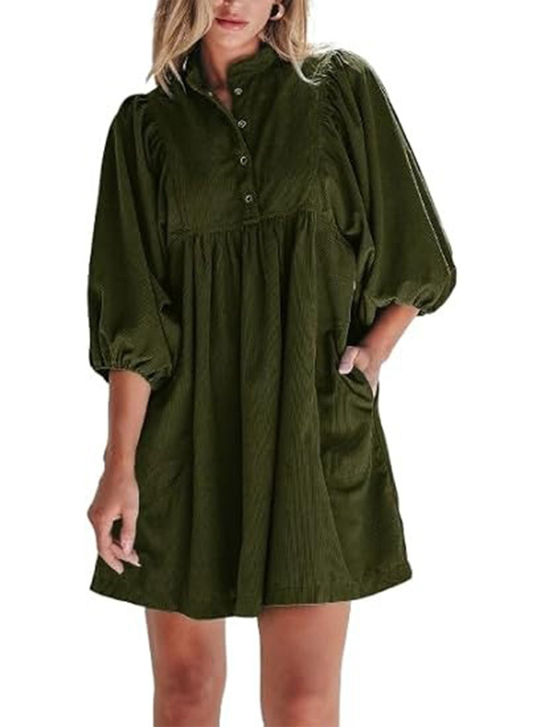Women Stand Collar Snap Button Empire Waist Mini Dress Bracelet Puff Sleeve With Pockets