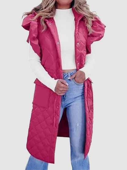 Women Long Hooded Quilted Vest With Ruffle Shoulder