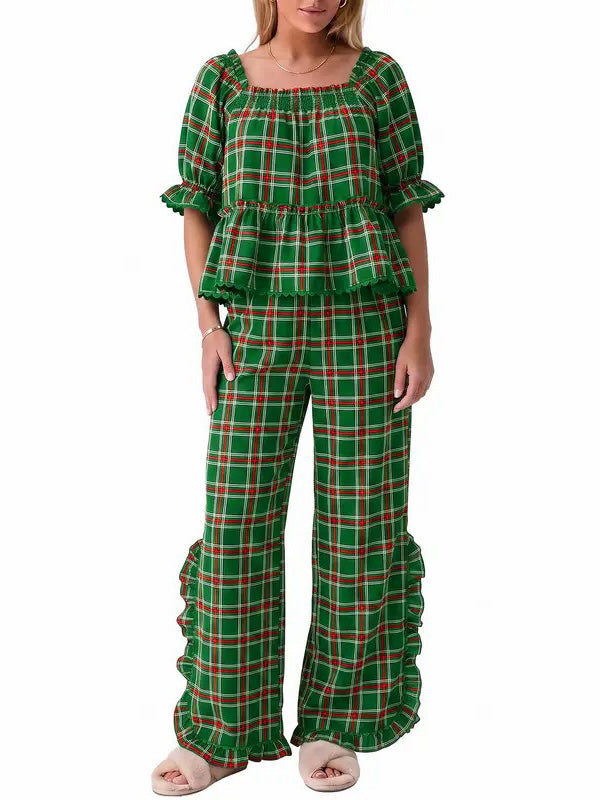 ✨Women's Christmas Plaid Ruffle Puff Sleeve Pajamas Set