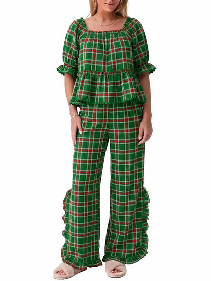 ✨Women's Christmas Plaid Ruffle Puff Sleeve Pajamas Set