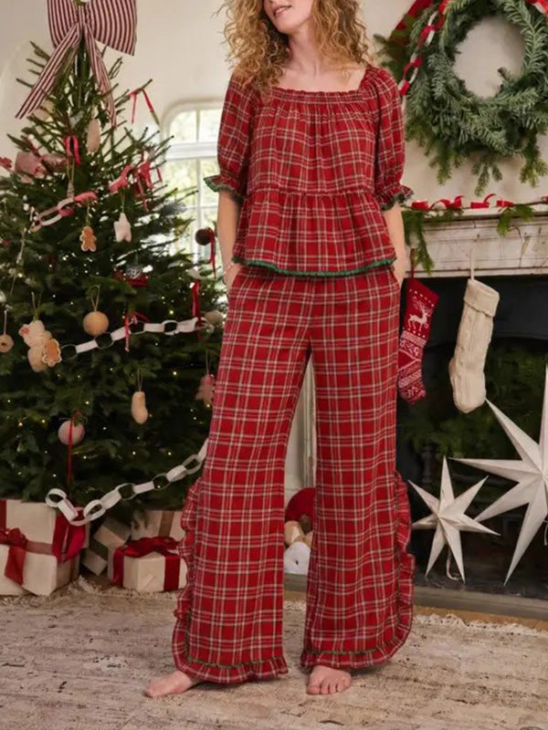 ✨Women's Christmas Plaid Ruffle Puff Sleeve Pajamas Set