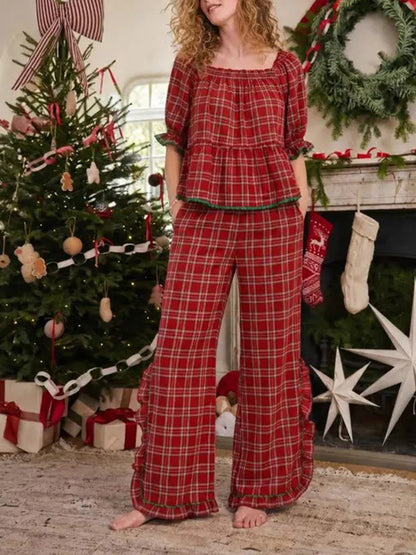 ✨Women's Christmas Plaid Ruffle Puff Sleeve Pajamas Set