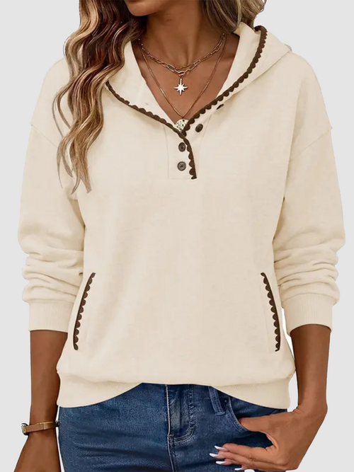 Women Oversized Scalloped Stitch Half‑Button Hooded Tunic Sweatshirt