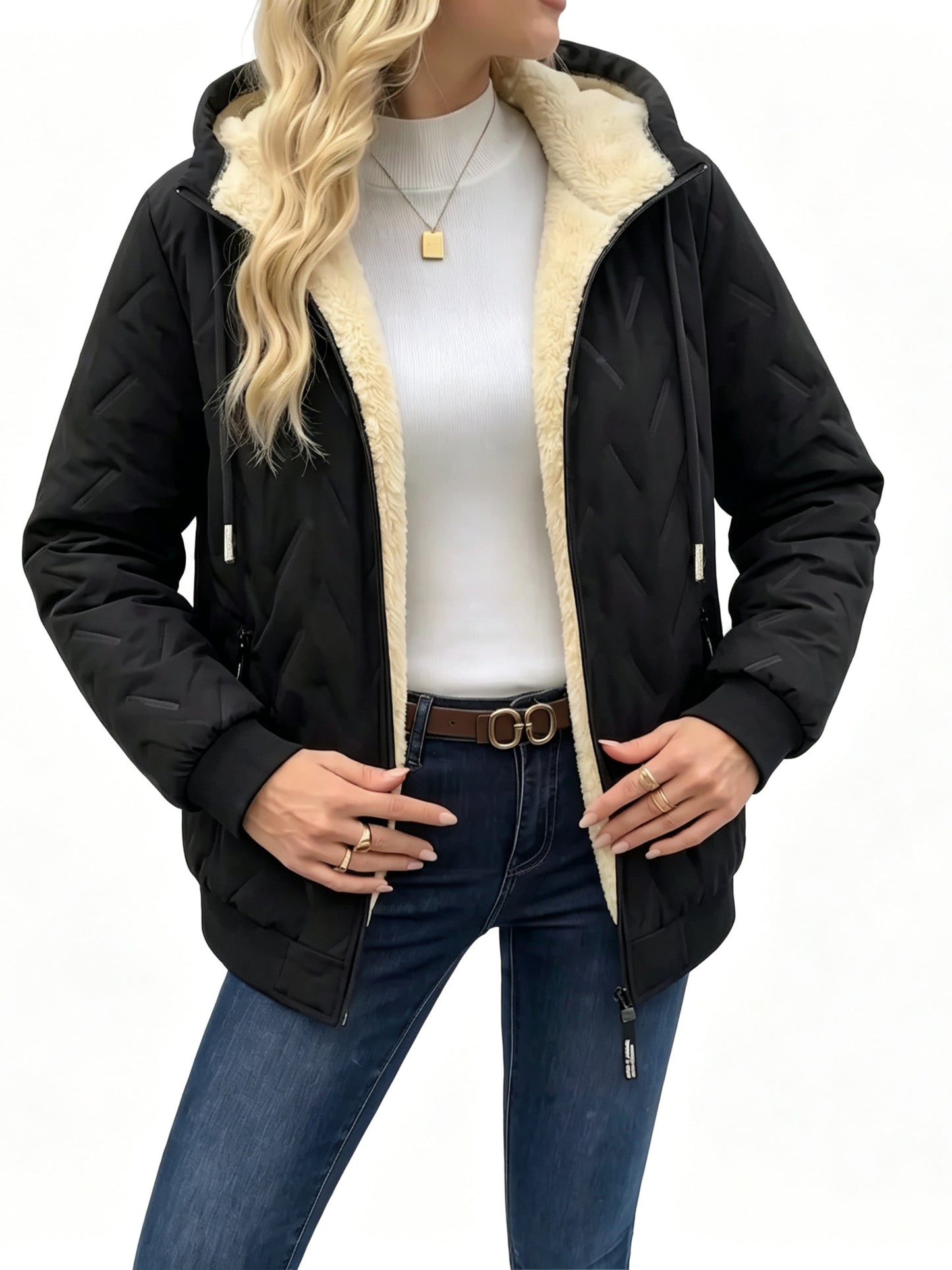 Women Winter Hooded Adjustable Drawstring Jacket