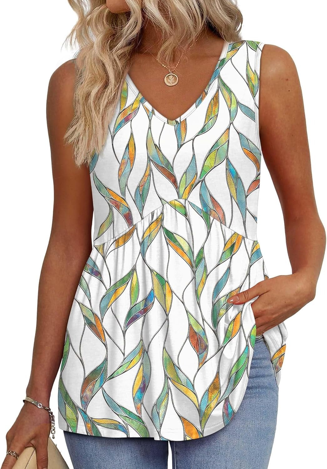 📣Women's Print Flowy Sleeveless V Neck Peplum Tank Tops
