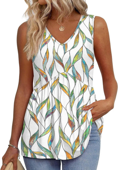 📣Women's Print Flowy Sleeveless V Neck Peplum Tank Tops