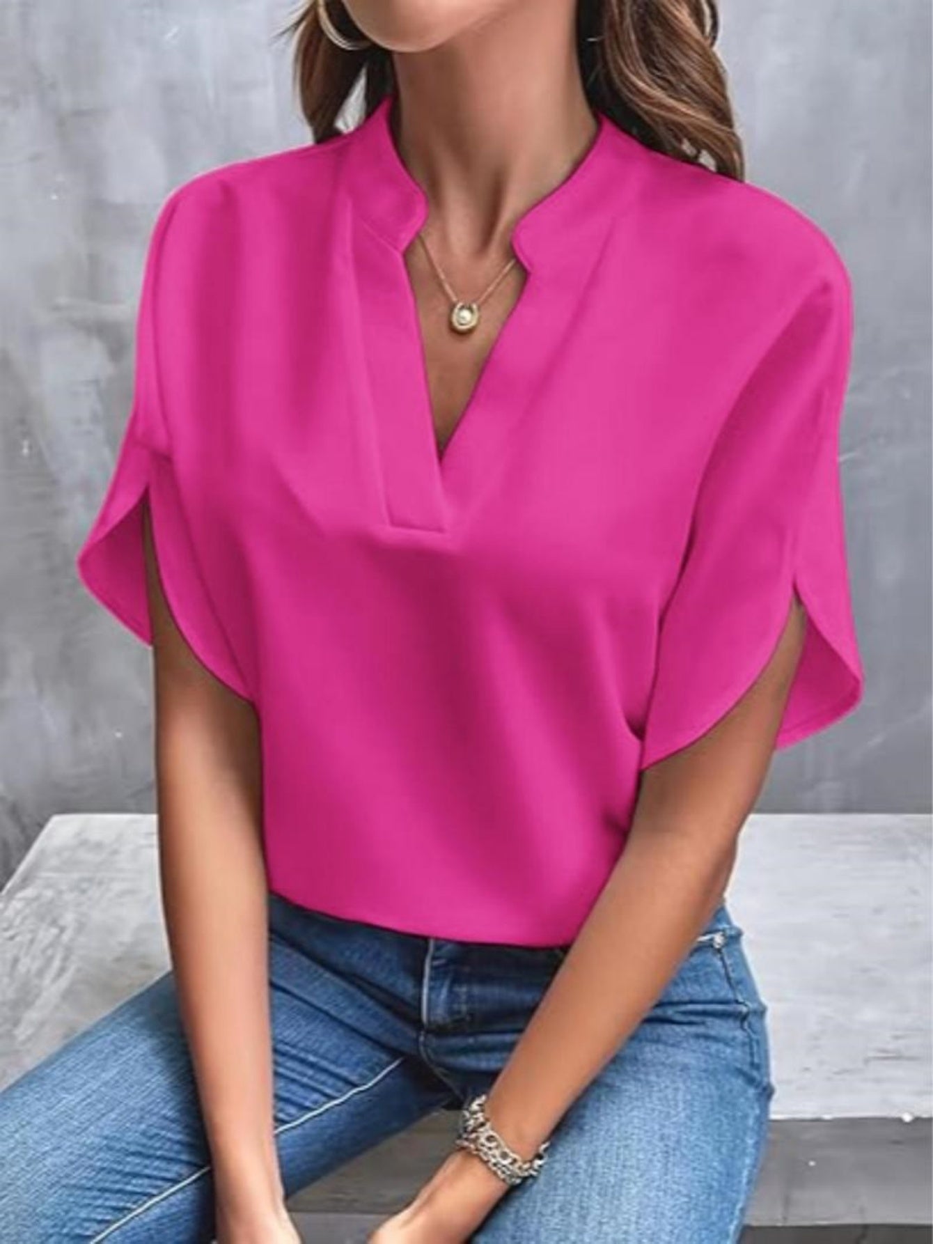 ✨Women's Short Sleeve Solid Color Notch Collar Short Sleeve Shirt