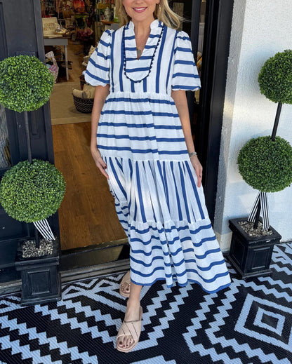 Women's Short Bubble Sleeve Striped Dress With Pockets