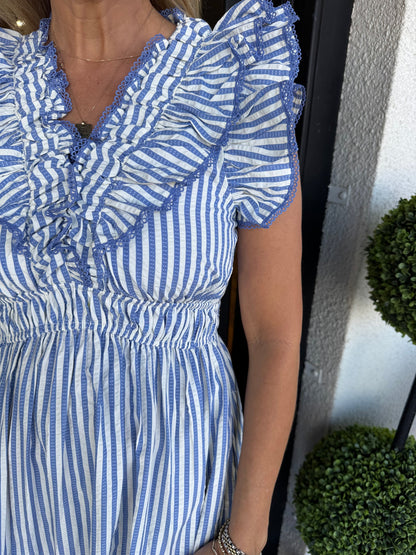 Women's Elegant V-neck Striped Ruffle Detail Midi Dress