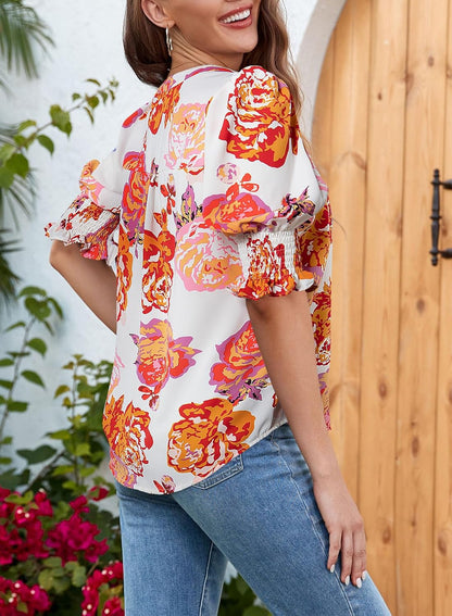 ✨Floral V-Neck Puff Sleeve Blouse