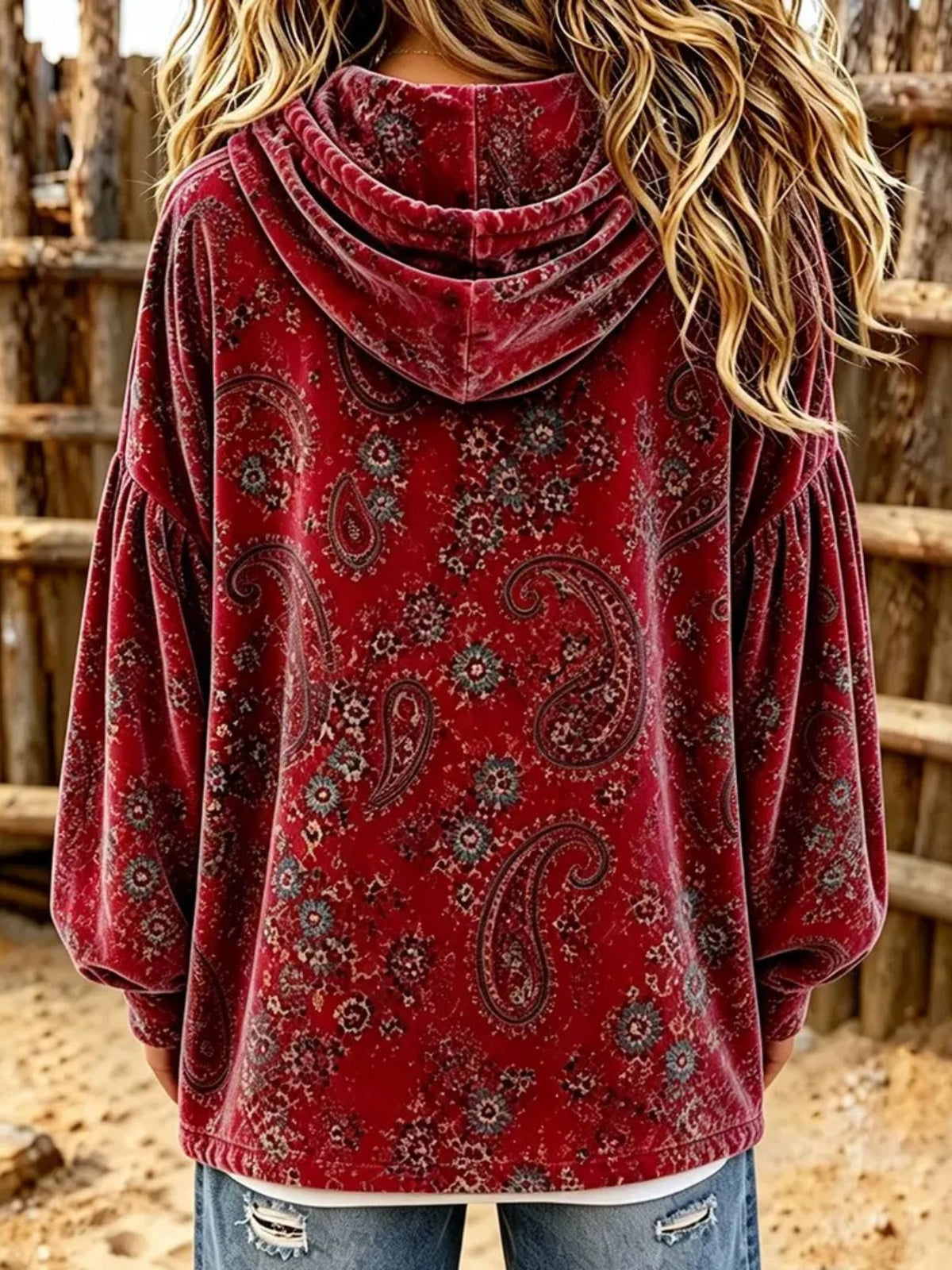 Vintage Paisley Print Velvet Hoodie Top
