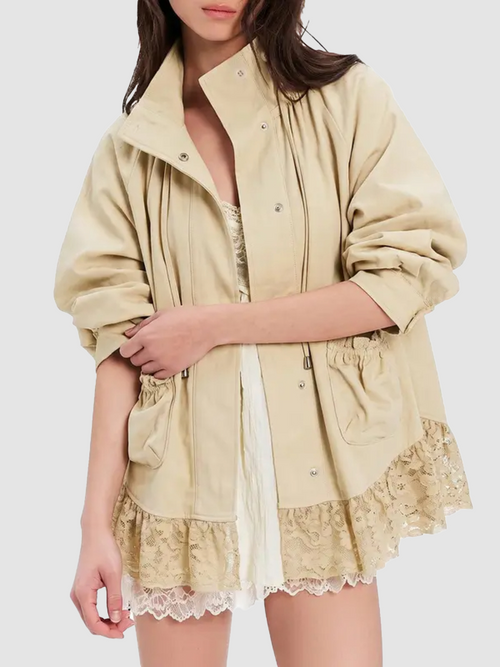 Women Lace Hem Stand‑Collar Drawstring Loose Jacket