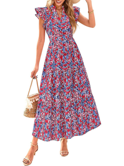 ⏰Hot Sale-Women's Boho Print V Neck Ruffle Maxi Dress