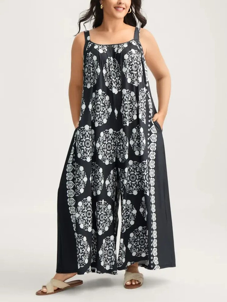 Adjustable Strap Boho Wide Leg Jumpsuit with Pockets
