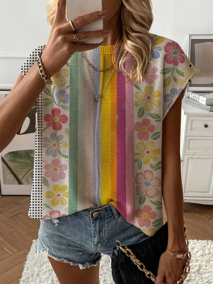 Women's Crew Neck Drop-shoulder Loose Fit Contrast Splicing Print Knit Top