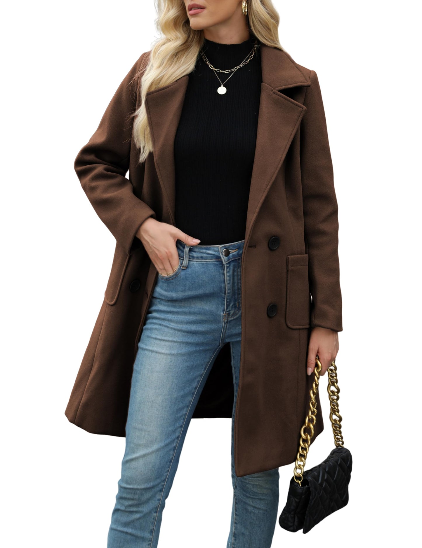 Women Open Front Wool Coat Lapel Double Button Mid‑Length Overcoat With Pockets